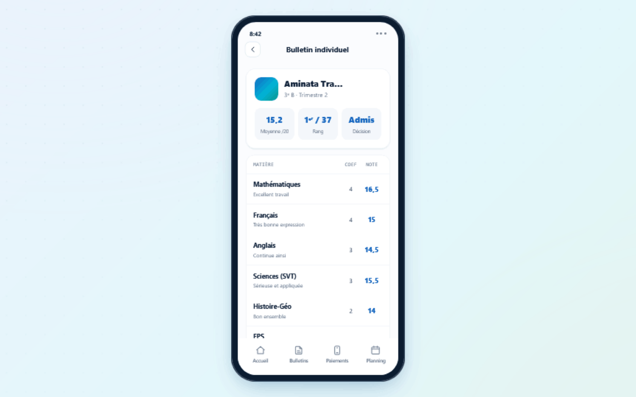 Bulletin de notes NomadKlass